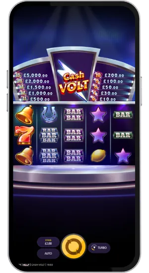 Cash Volt main game interface with the prize ladder displaying payouts from £10 to £5000 at £2 stake