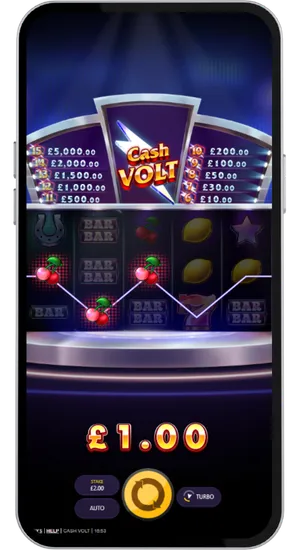 Cherry symbols forming a winning payline across the Cash Volt 5x3 grid with a £1.00 payout at £2 stake