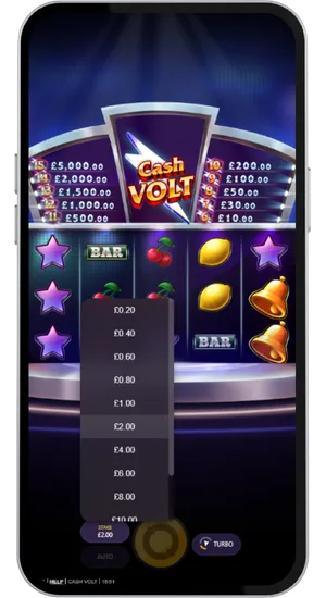 Adjusting the bet using on-screen controls with stakes from £0.20 to £40 per spin in Cash Volt